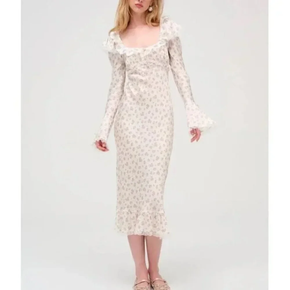 NWOT FOR LOVE AND LEMONS PASTEL FIELDS PINK ROSE PRINT WHITE MIDI DRESS SIZE L - Picture 1 of 10